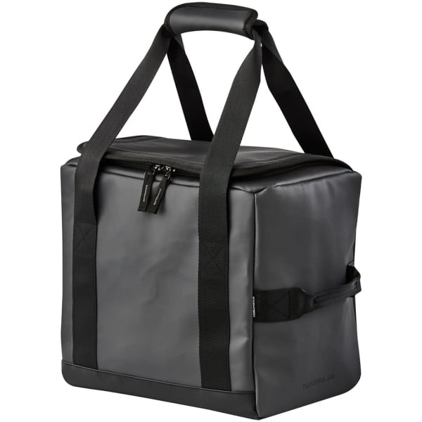 A black cooler bag with dual handles and a zip closure, featuring a sturdy design and an attached strap.