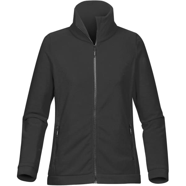 A black women's polar fleece jacket featuring a zip front, stand-up collar, and side pockets. It has a logo.