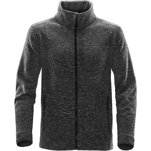 A grey polar fleece jacket with a high collar and zip front, featuring side pockets and a logo.