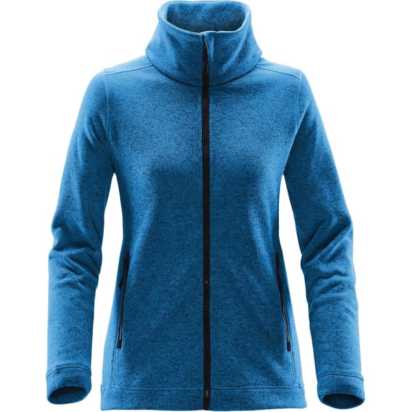A women's fleece jacket in blue with a high collar and zip front, featuring pockets on each side.