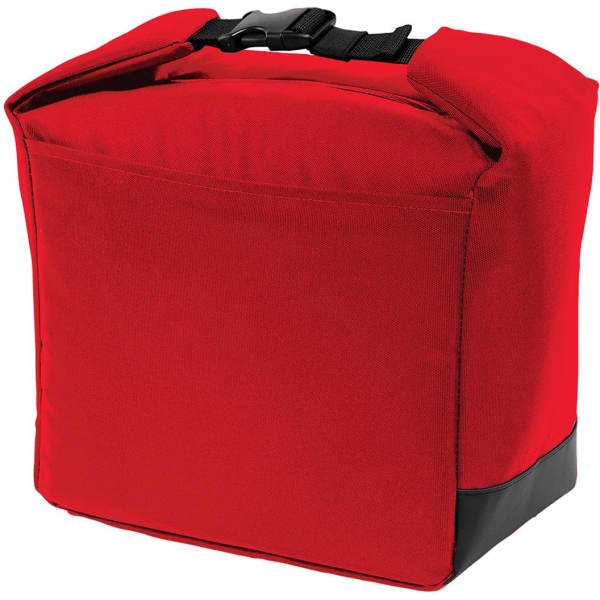 A red cooler bag with a sturdy handle and a black base, featuring a logo on the front.