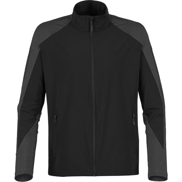 A black lightweight track jacket featuring textured panels and zippered pockets. It has a branded logo on the chest.