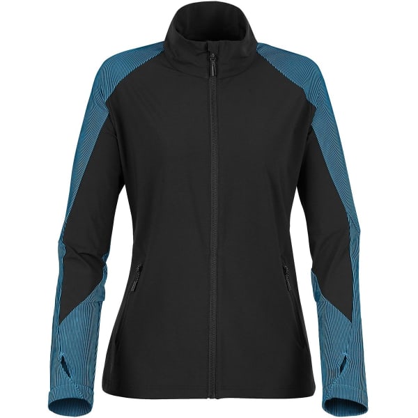 A women's track jacket in black with teal accents, featuring a high collar and zippered front pockets.