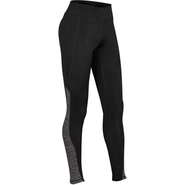 Leggings in black with grey accents on the sides, featuring a high waist and a logo. Suitable for active wear.