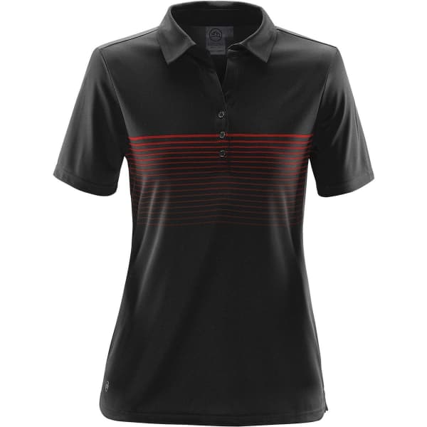A black women's polo shirt featuring a horizontal red stripe pattern, complete with a collar and buttons. Brand logo present.