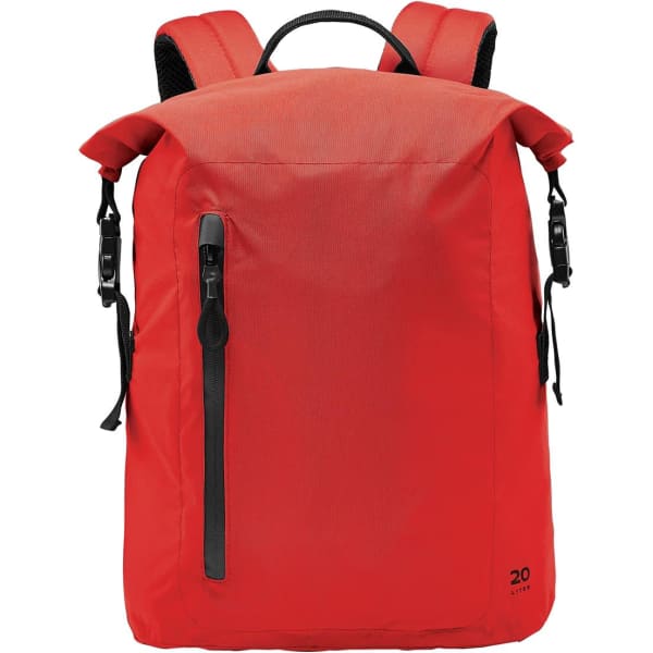 A red roll top backpack featuring adjustable straps and a side zip pocket, complete with a logo.