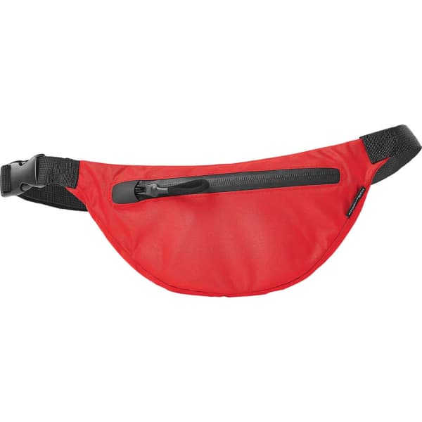 A red bum bag with a black adjustable strap and a zippered pocket. It features a logo on the front.