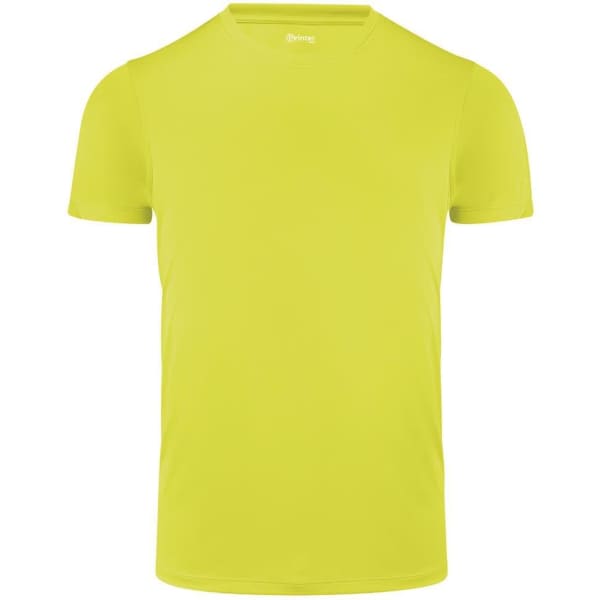A bright yellow men's active tee with a round neckline and short sleeves. It features a logo on the neckline.