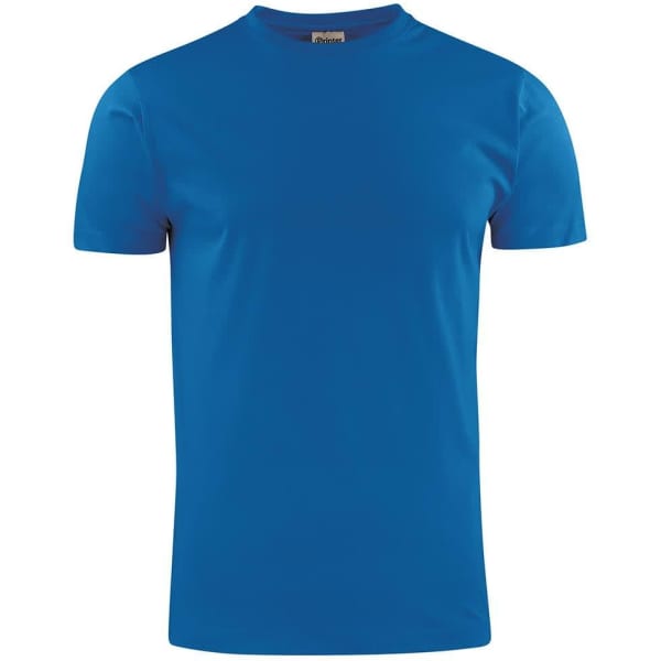 A plain blue men's t-shirt with a crew neck and short sleeves, featuring a logo on the label.