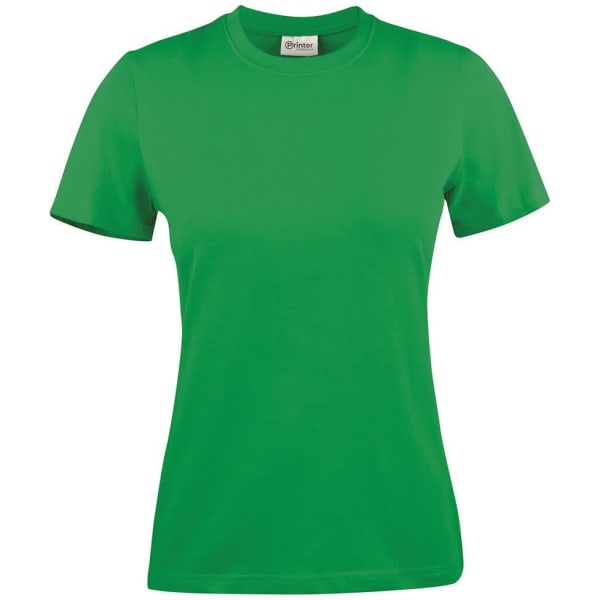 A green women's t-shirt with short sleeves and a crew neck, featuring a branding logo.