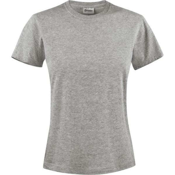 A women's grey short-sleeve T-shirt with a fitted style and a logo on the label.