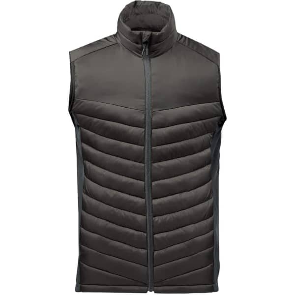 A thermal vest in dark green with a zip front and a high collar, featuring a padded design and side panels.