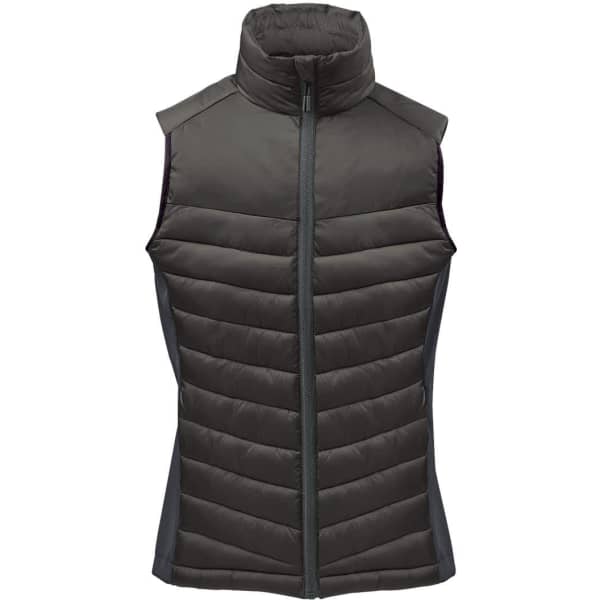 A women's thermal vest in dark green with a high collar and quilted design, featuring side panels and a front zip.