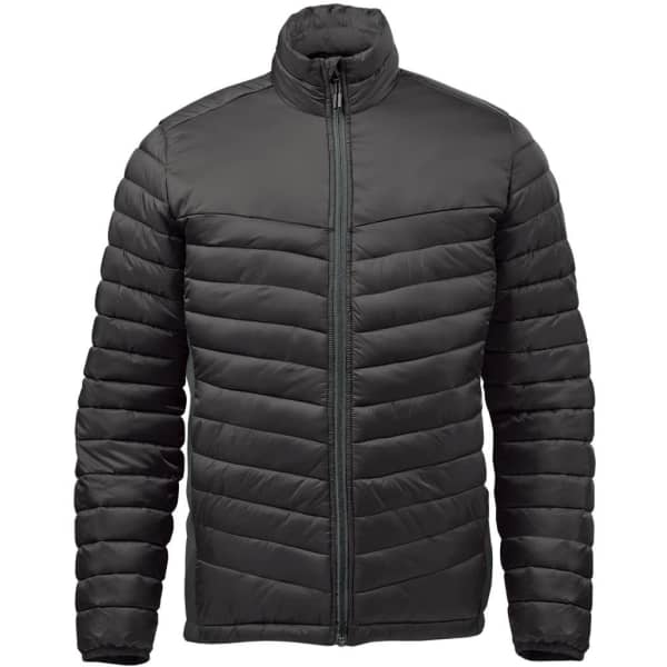 A dark grey thermal jacket with a zip front and quilted design, featuring a high collar and no visible logos.