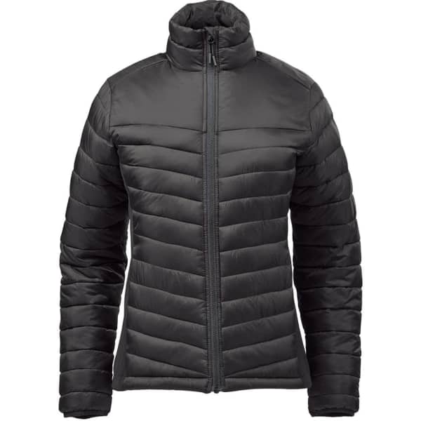 A black Women's Montserrat Thermal Jacket with a zip front and a high collar, featuring quilted patterns.