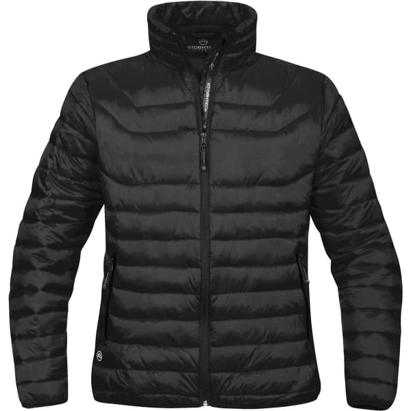 A black puffer jacket with a zip front and high collar, featuring side pockets and a logo on the hem.