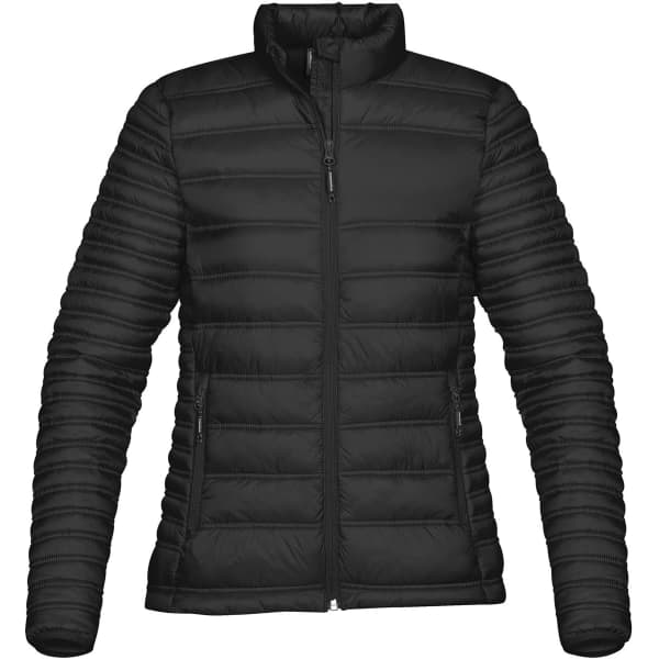 A women's thermal puffer jacket in black with a zip front and side pockets, featuring a logo on the chest.