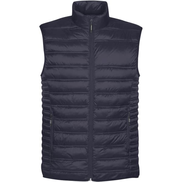 A black thermal vest with a high collar and quilted design, featuring a zip front and side pockets.