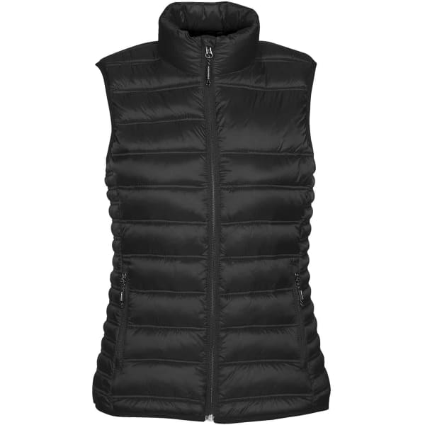 A black women's thermal vest featuring a high collar and zippered front, with two side pockets and a padded design.