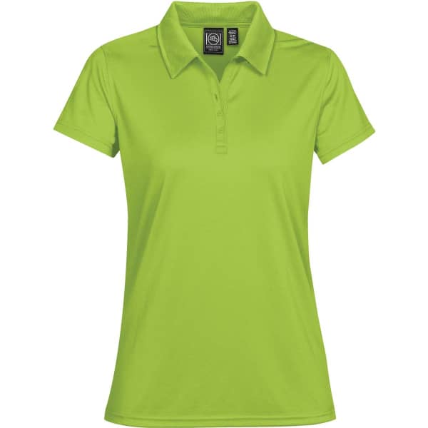 A women's short-sleeve polo shirt in vibrant lime green with a collar and button placket, featuring a logo.