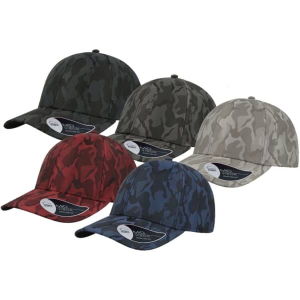 A collection of five caps in camouflage patterns, featuring colours like black, grey, red, and navy. Each cap has a logo.