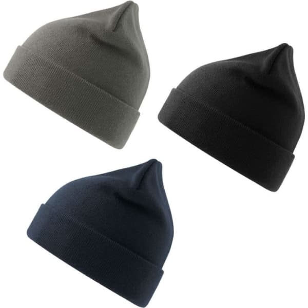 Three beanies in different colours: dark grey, black, and navy, featuring a simple design and a folded cuff.