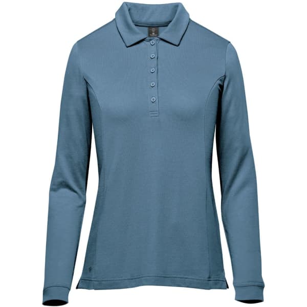 A long-sleeved women's polo shirt in a soft blue colour, featuring a collared neckline and buttons. It has a logo.