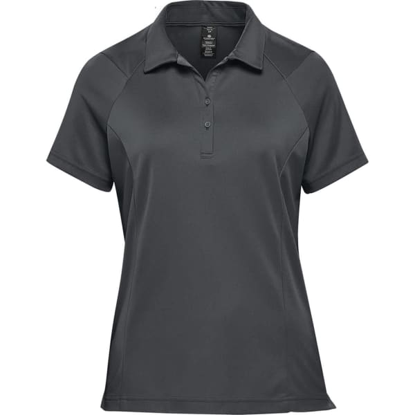 A women's polo shirt in dark grey with a collar, short sleeves, and a logo. Suitable for sports or casual wear.