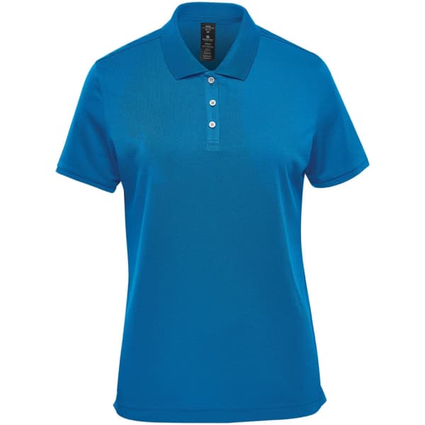 A blue women's polo shirt featuring a collar and three buttons, with a logo present.
