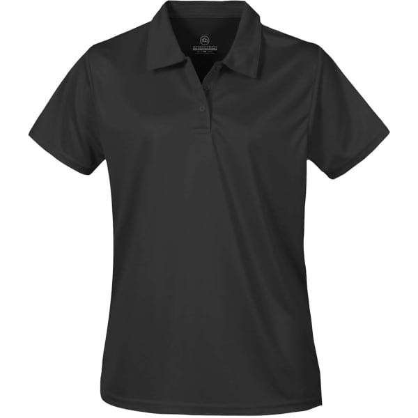 A black women's polo shirt with a collar and short sleeves, featuring a logo on the chest.
