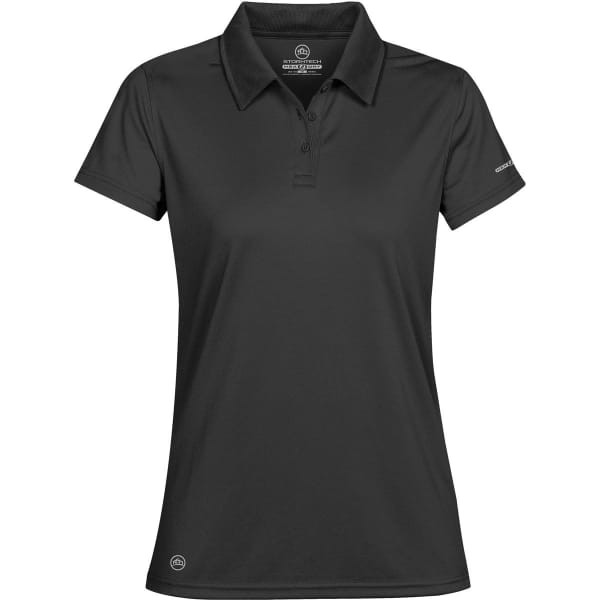 A black women's polo shirt with a collar, short sleeves, and a logo on the sleeve.