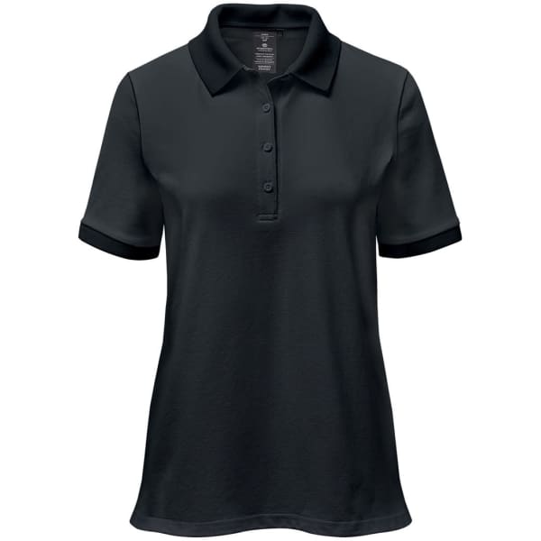 A black women's polo shirt with short sleeves and a classic collar, featuring buttons and a logo.