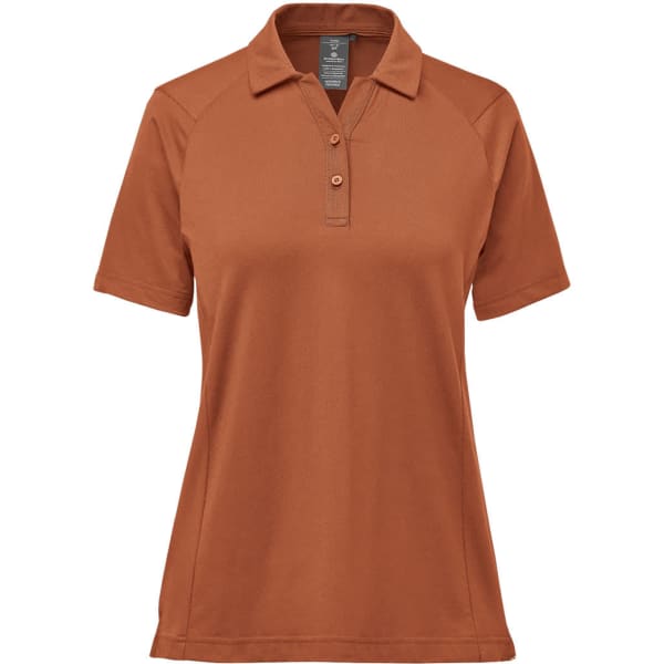 A women's short-sleeve polo shirt in a warm, earthy brown colour, featuring a collar and a logo.