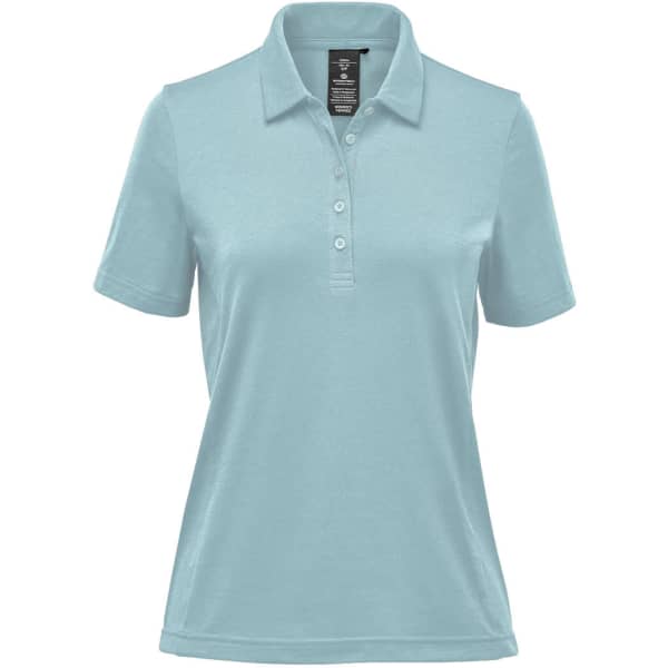 A light blue women's polo shirt with a collar and short sleeves, featuring a logo.
