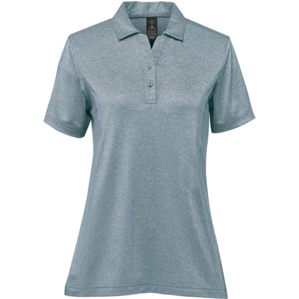 A light blue women's polo shirt with a classic collar and short sleeves, featuring a logo.