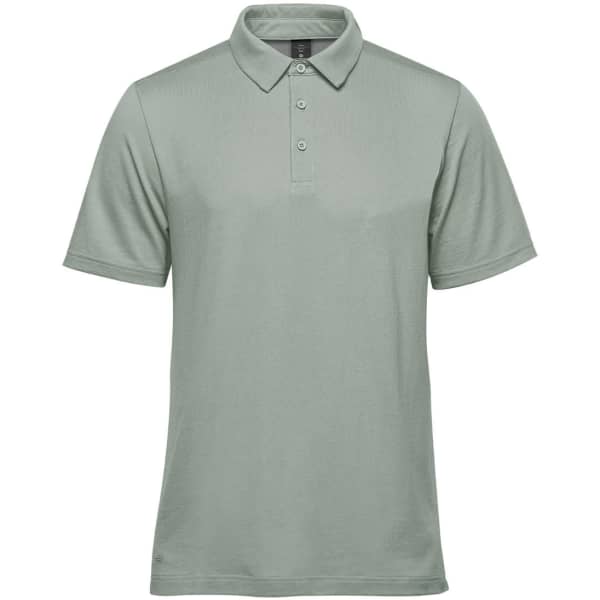 A light green men's polo shirt with a collar and three buttons, featuring a logo on the hem.