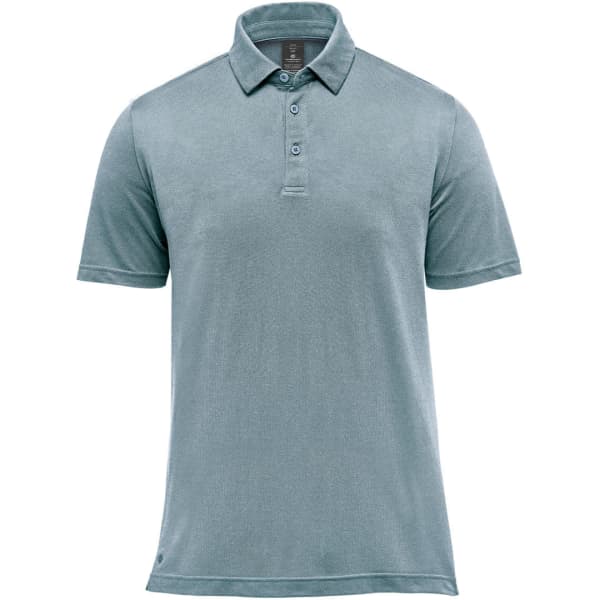 A short-sleeved polo shirt in a soft teal colour with a collar and three-button placket. It features a logo.