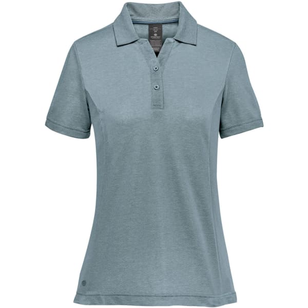 A women's short-sleeved polo shirt in a soft blue colour, featuring a collar and branded logo.