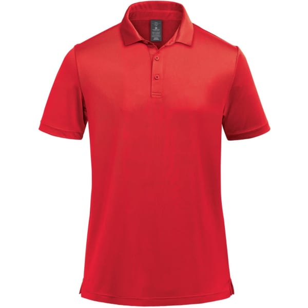 A bright red men's polo shirt featuring a collar and short sleeves, with a logo on the chest.