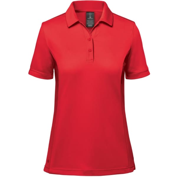 A red women's polo shirt with a collar and short sleeves, featuring a logo on the front.
