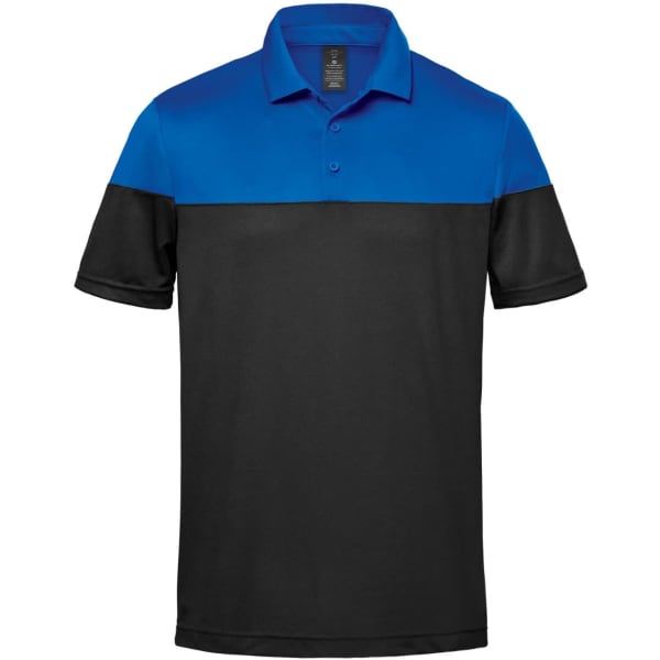 A two-tone polo shirt in blue and black with a collar and buttons, featuring a logo.