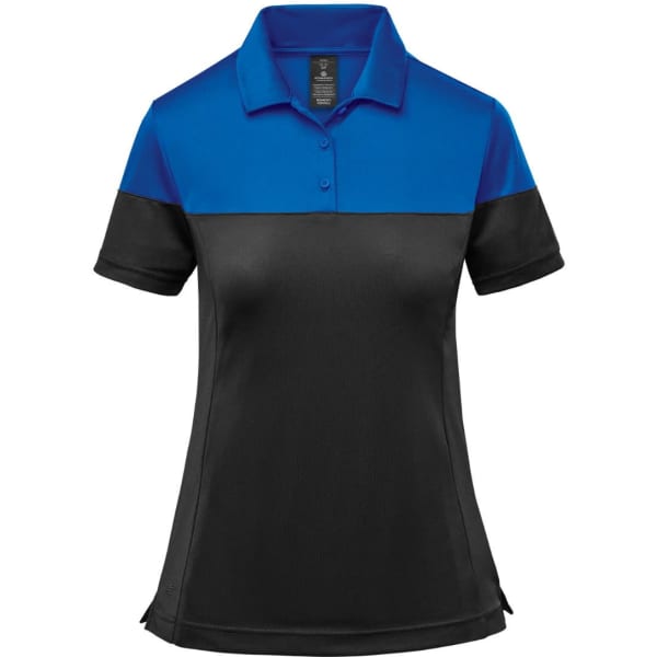 A women's polo shirt featuring a two-tone design with a blue upper section and a black lower section.