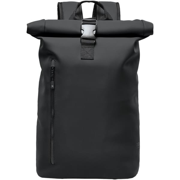 A sleek black waterproof backpack with a roll-top design and a front zip pocket. It features shoulder straps and a logo.