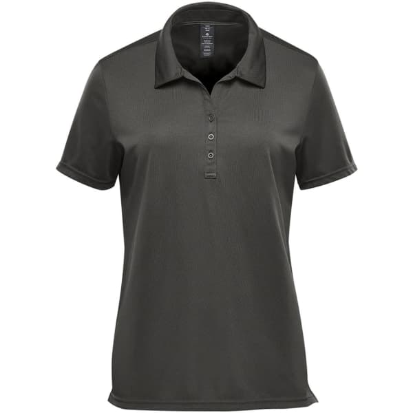 A dark green women's polo shirt with a collar, short sleeves, and a front placket featuring buttons. It has a logo.