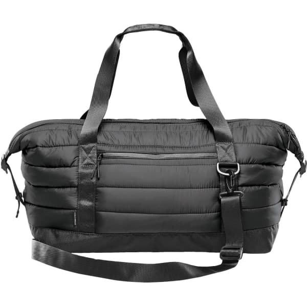 A black quilted duffle bag featuring dual handles and a removable shoulder strap, with a zippered front pocket.
