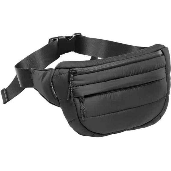 A black Stavanger Waist Bag featuring two zippered pockets and an adjustable strap. The bag has a soft, padded design.