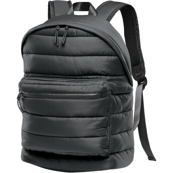 A dark green quilted backpack with a front zipper pocket and adjustable straps. It features a logo on the side.