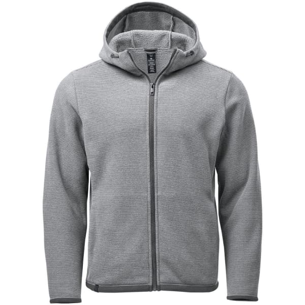 A grey fleece hoodie with a zip front and a hood, featuring a logo on the chest.