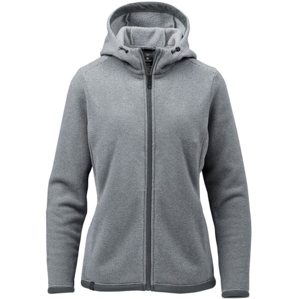 A women's fleece hoody in light grey with a zippered front and a hood, featuring a logo on the fabric.