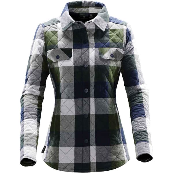 A quilted women's shacket in a green, blue, and grey plaid pattern, featuring two front pockets and a collar.